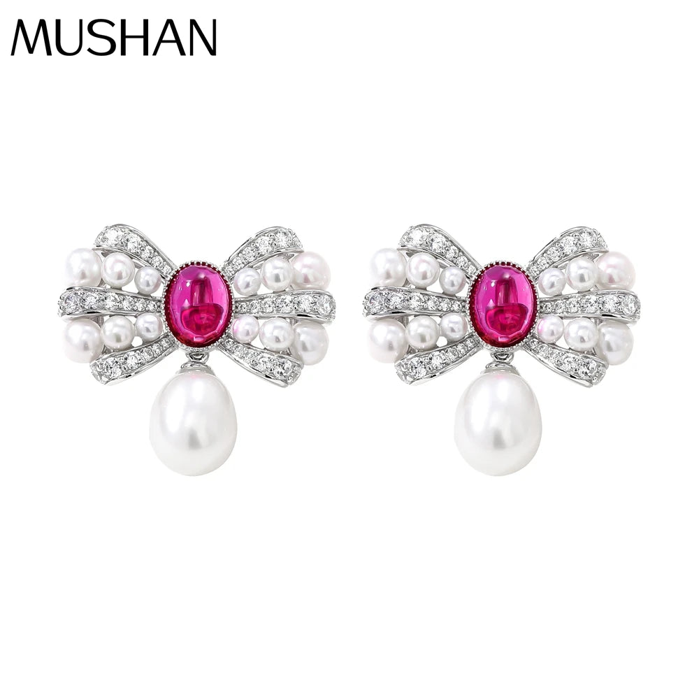 MUSHAN Jewelry Factory S925 Natural Pearl Stud Earrings Light Luxury and High End Bow Ear Accessory Cross Border Bestseller