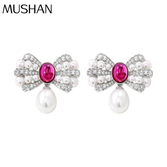 MUSHAN Jewelry Factory S925 Natural Pearl Stud Earrings Light Luxury and High End Bow Ear Accessory Cross Border Bestseller