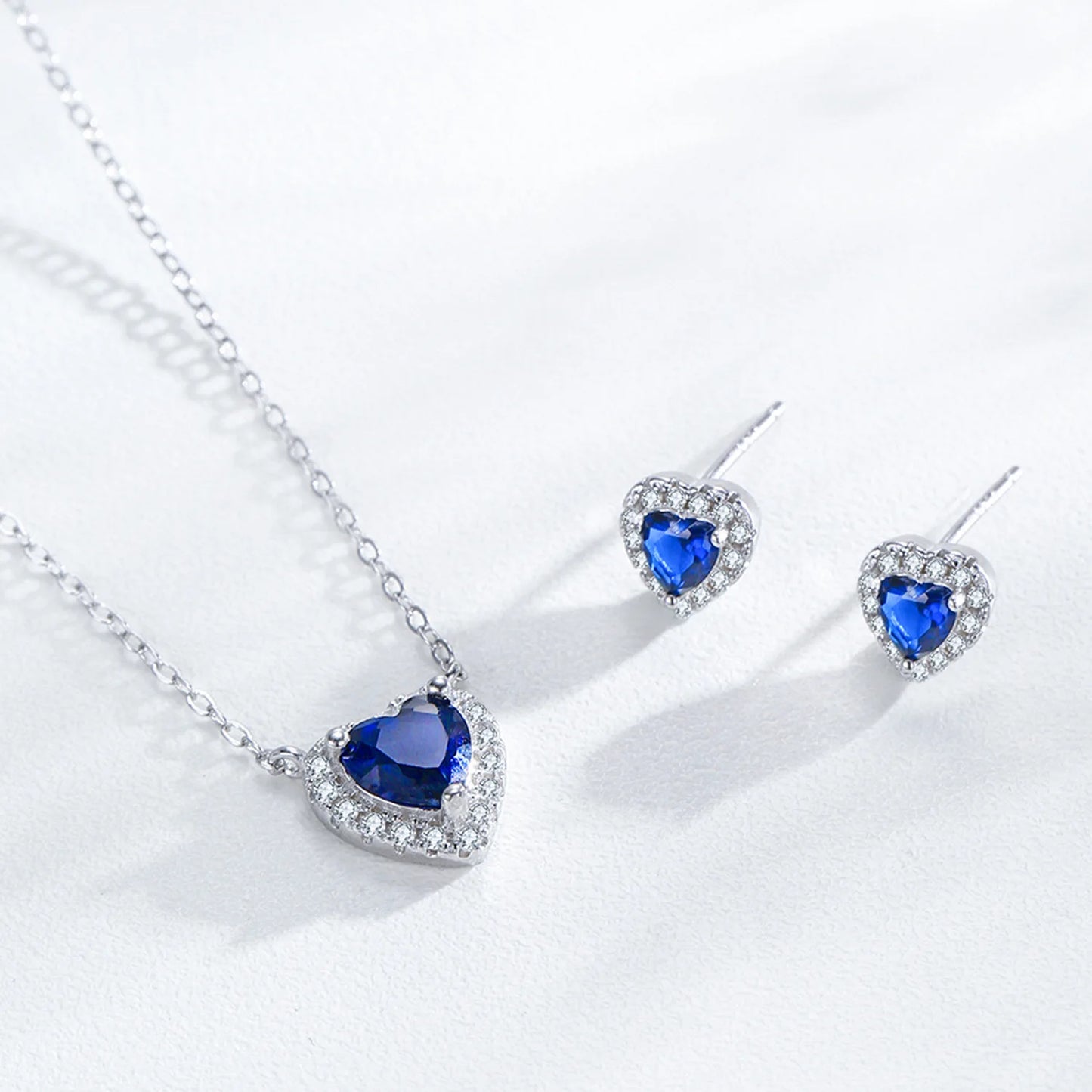 Retro 925 Sterling Silver Blue Ocean Heart Earring Necklace Sweet Fashionable Romantic Love Jewelry Set Gift Set