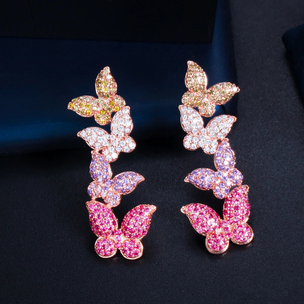 S&S Colourful Butterfly Micro Pavé CZ Dangle Drop Earrings – Rose Gold – 925 Silver Pin – Collection