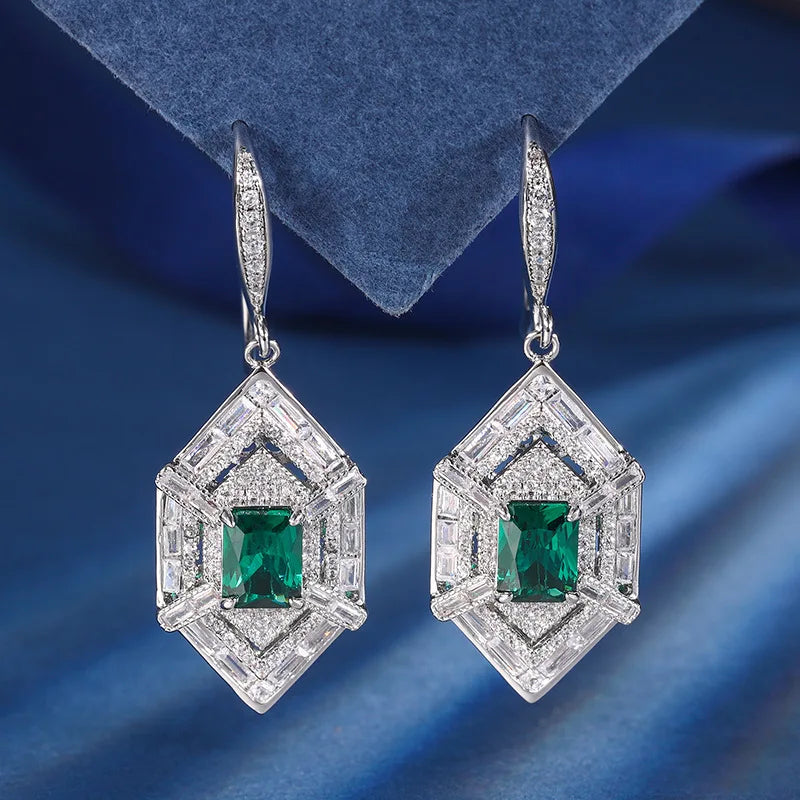 Gemfiori French Style Light Luxury Palace Emerald Zircon Pendant Ring Earrings Retro Niche Design Set
