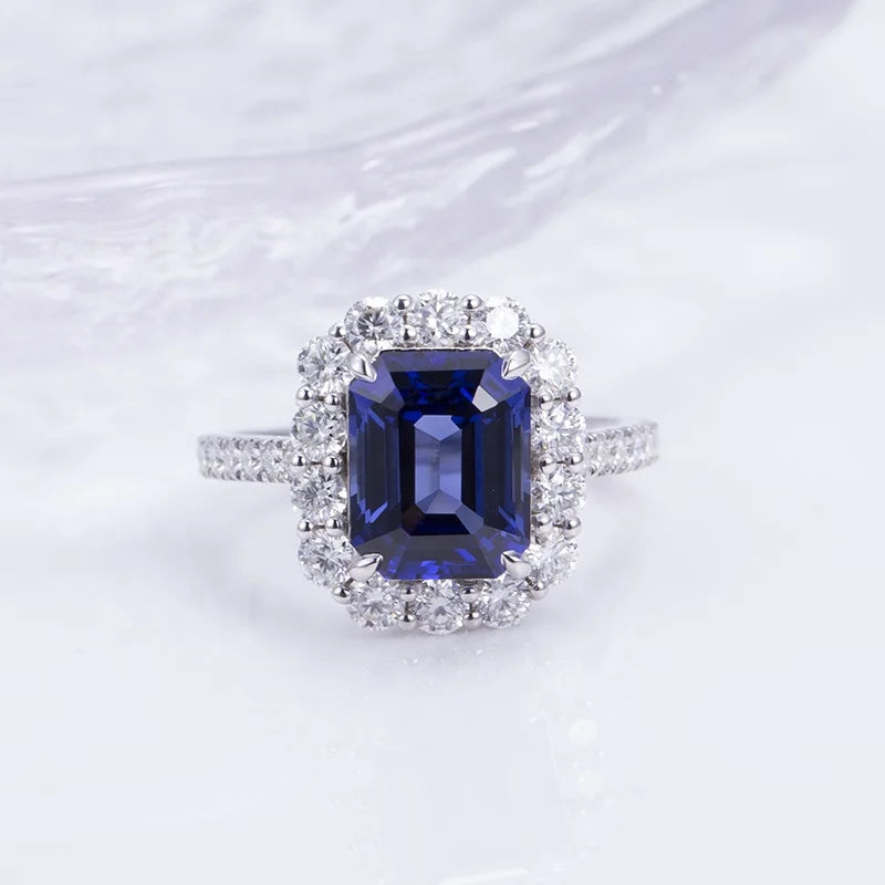 MSR-1394 925 Silver 9k 14K Gold Wedding Engagement Ring 8*10mm Emerald Cut Lab Grown Sapphire Ring