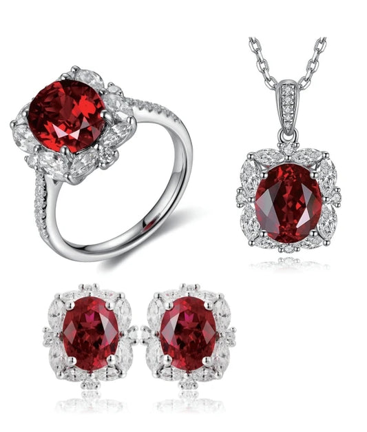 Gemfiori Bridal Jewelry Set Lab Grown Ruby Rings Rhodium Plated Sterling 925 Silver Ring Necklace Earrings for Wedding Party