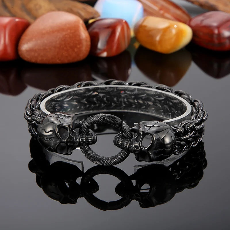KALEN 220mm Punk Mens Stainless Steel Skull Herringbone Chain Link Bracelets