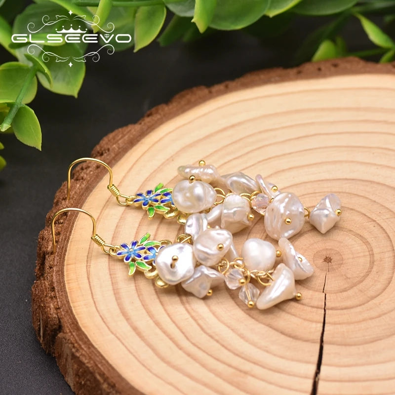 Natural Fresh Water Baroque Pearl Drop Earrings for Women Geometric Irregular Handmade Flower Earrings Jewellery