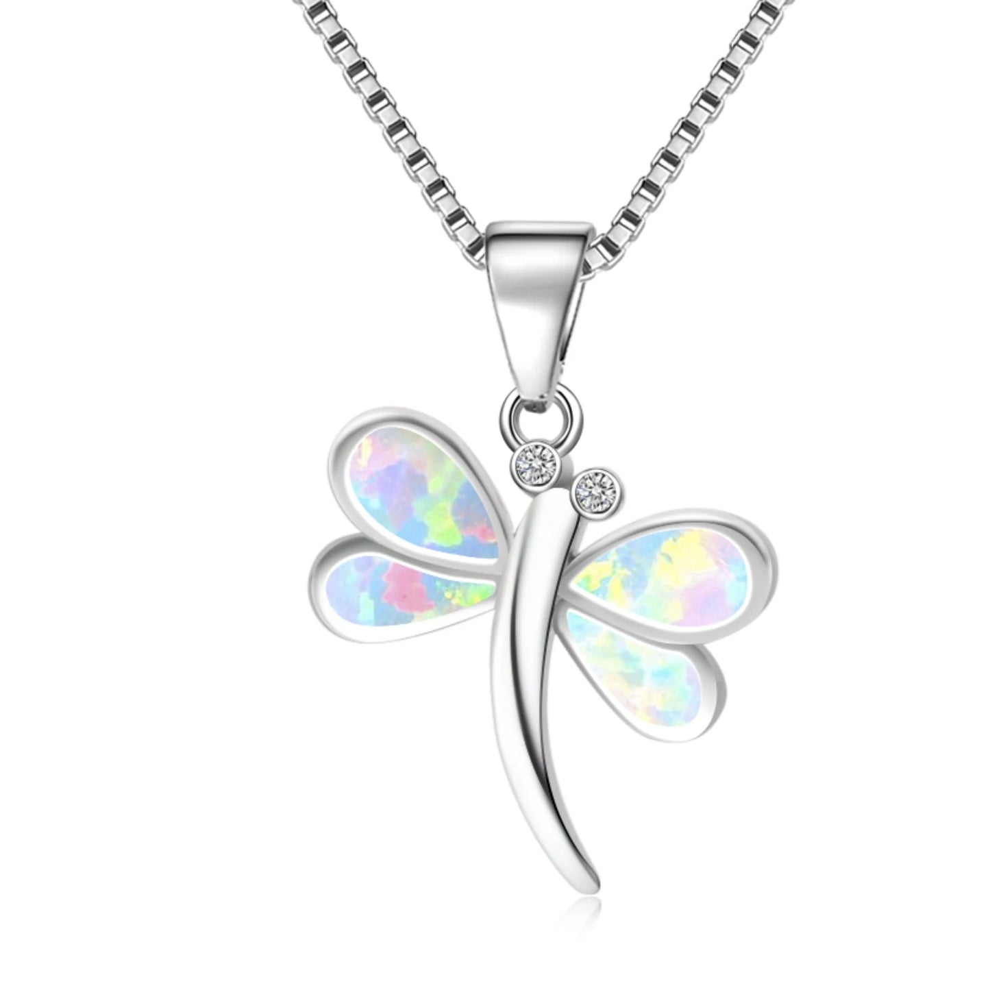 Minimalist Blue Opal Dragonfly Pendant | Copper Silver Plated Box Chain Lariat Necklace-Trendy Women's Gift