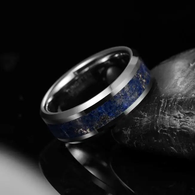 Wholesale 8mm Width Chamfer Polish Inlaid Lazurite Natural Stone Men's Tungsten Ring Jewelry