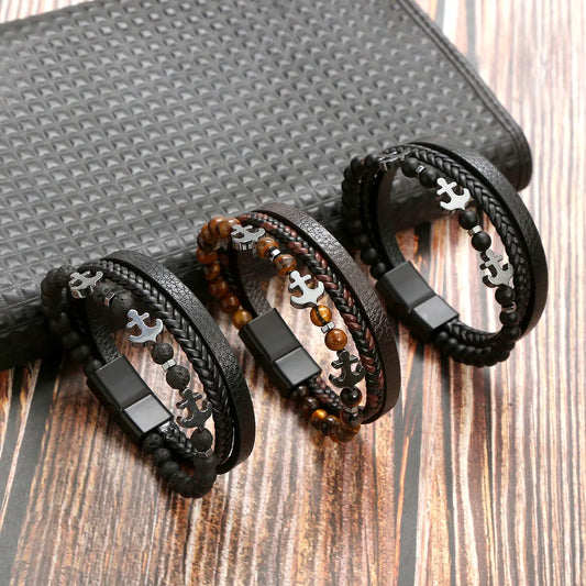 Fashion Jewelry Tiger Eye Beaded Bracelet Stainless Steel Magnet Leather Handmade Natural Gemstone Punk Bracelet for Men Jewelry