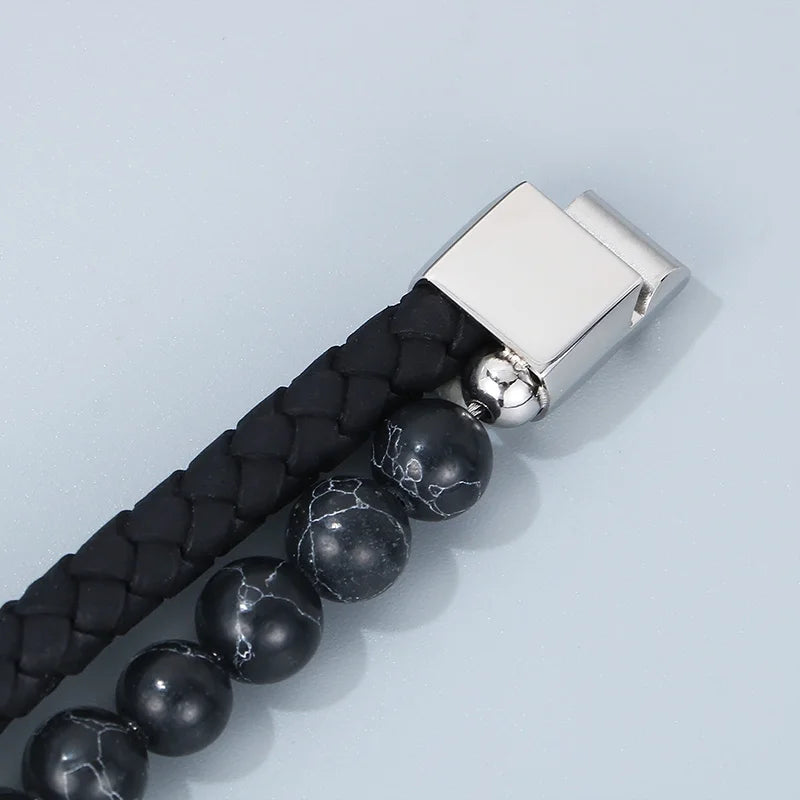 KALEN 210mm Men Mature Stainless Steel Beads&Cowhide Leather Bracelet