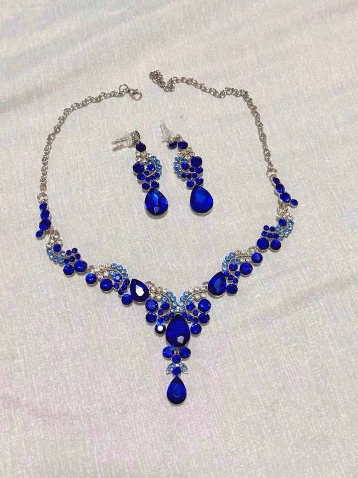 XM S386 Silver Plated Royal Blue Sapphire Marquise Teardrop Pendant Necklace & Drop Earrings Set