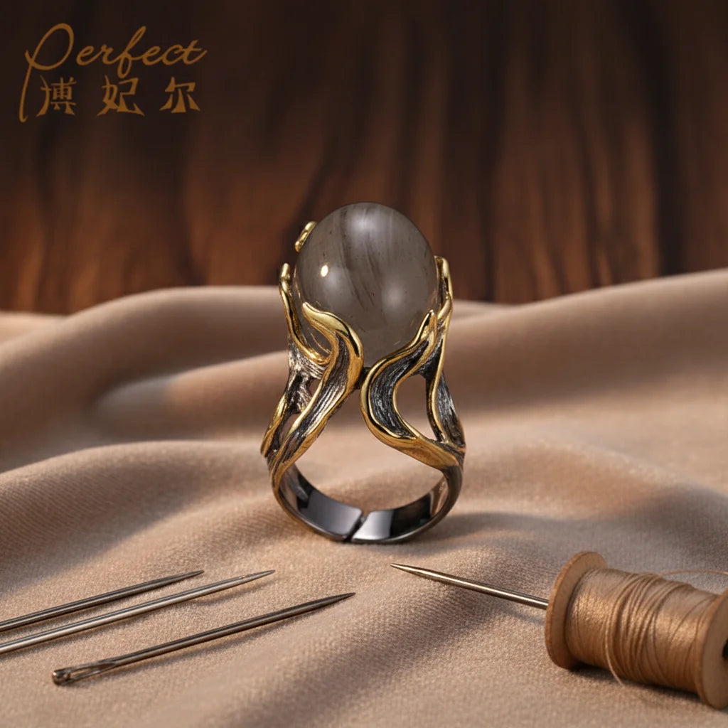 Special Handmade Hairstone 925 Sterling Silver Ring with Black Gold Plated