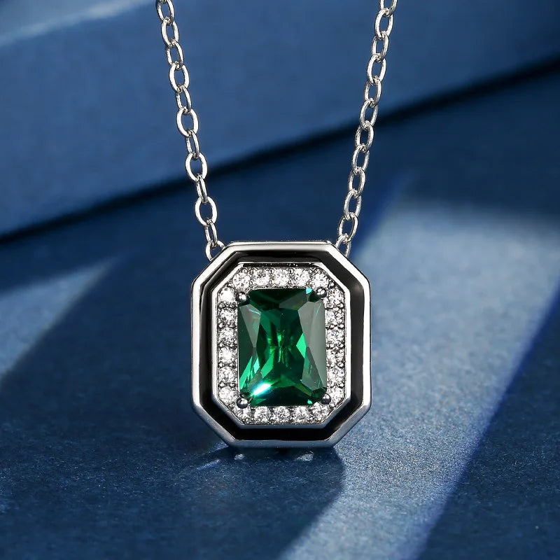Gemfiori Simple Princess Square Green Zircon Ring Light Luxury Black Enamel Earnail Necklace Set