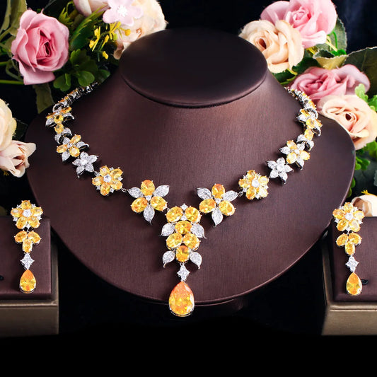 Gorgeous Chic Cubic Zircon Women Luxury 2pcs Sets Necklace and Earrings Wedding Party Yellow Flower Big Jewelry Set for Brides