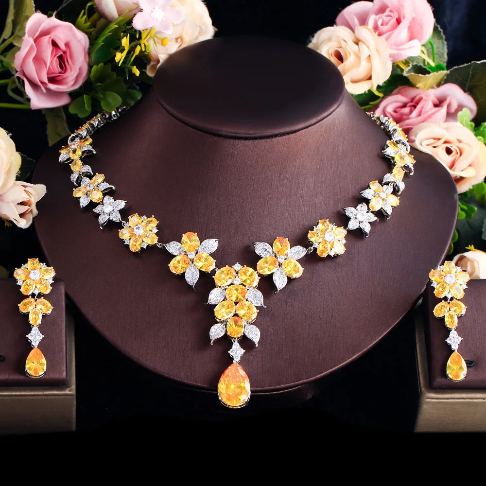 Gorgeous Chic Cubic Zircon Women Luxury 2pcs Sets Necklace and Earrings Wedding Party Yellow Flower Big Jewelry Set for Brides
