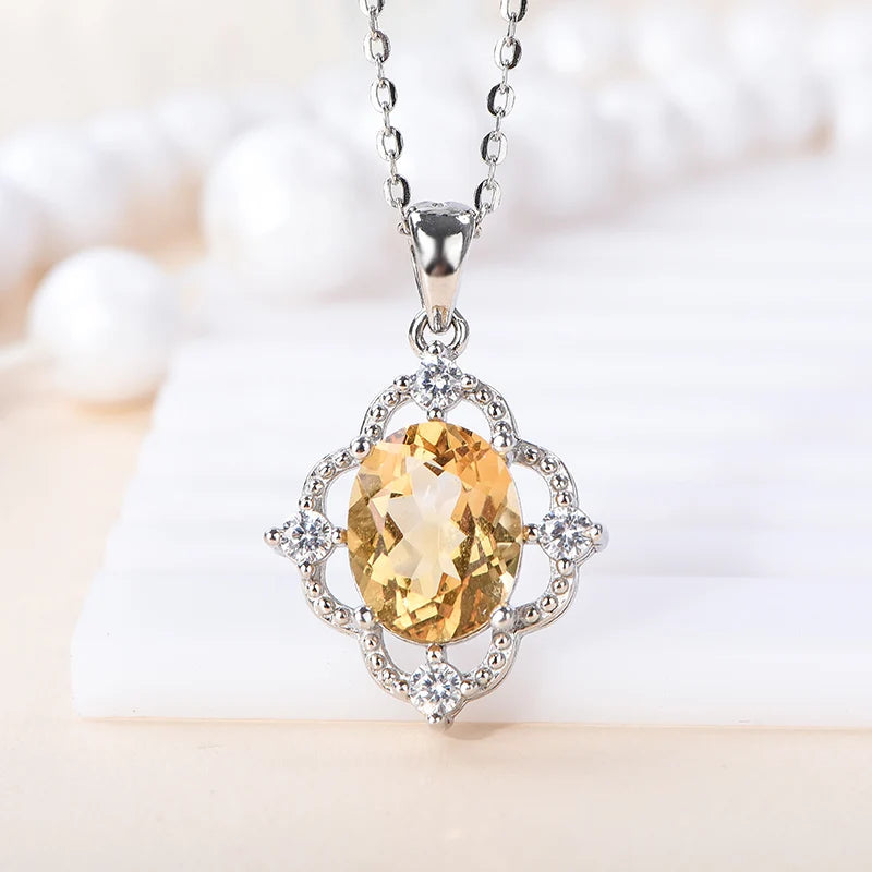 Gioiellieri Fine Jewelry Rhodium Plated 925 Silver Pendant Necklace for Women with Natural Citrine