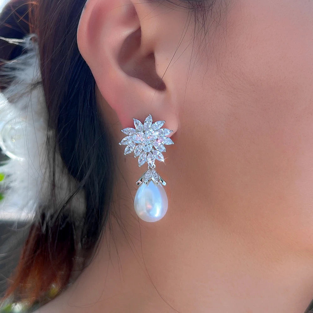 S&S White Marquise CZ Geometric Dangle Drop Earrings – Silver Plated – Collection