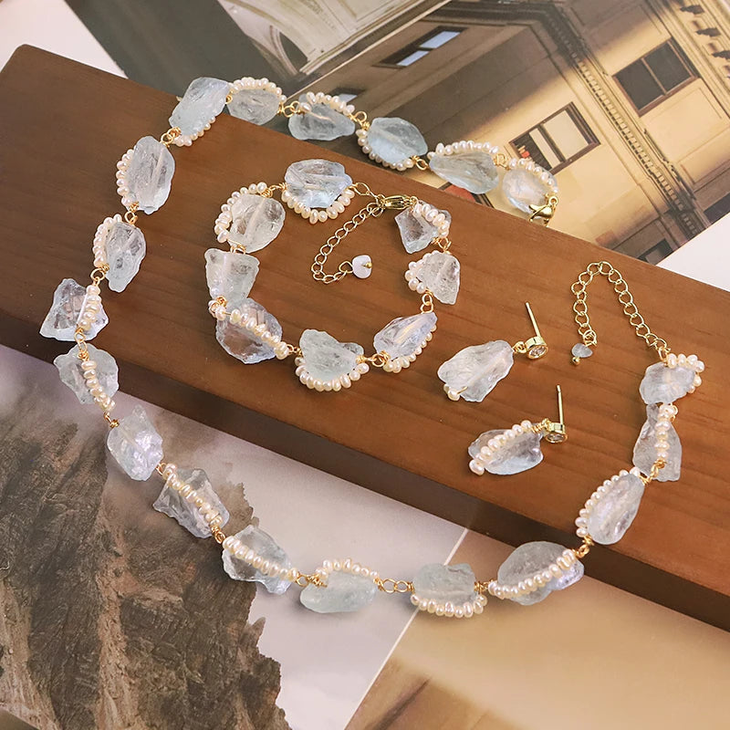 Natural Freshwater Pearl Aquamarine Jewelry Set for Women Dating Daily Party Gift Pearl Jewelry Set Ocean Style Dainty Jewelry