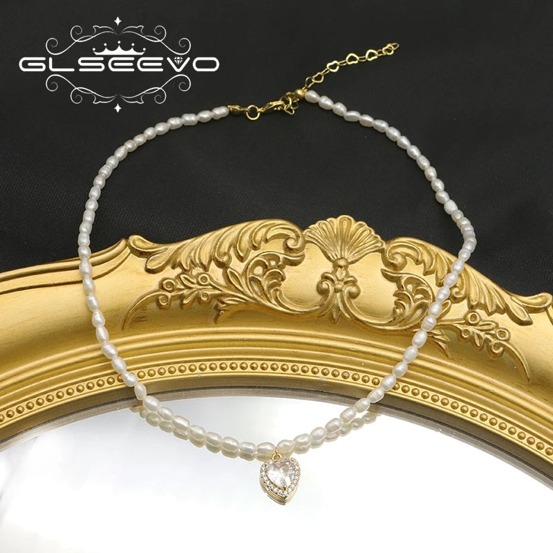 Natural Freshwater Pearl Zircon love Pendant Necklace Gold-plated White Simple Fashion Fine Jewelry Necklace for Girlfriend Gift