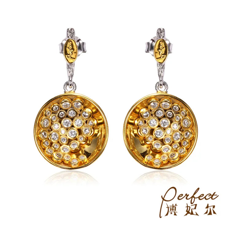 White Zircon 925 Sterling Silver Round Shaped Dangle Earrings