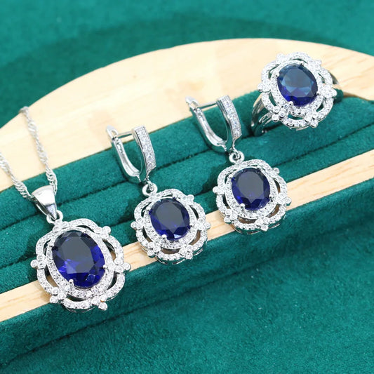 2024 New Alloy Jewelry Sets for Women Engagement Wedding Party Blue Zircon Earrings Necklace Pendant Ring Birthday Gifts