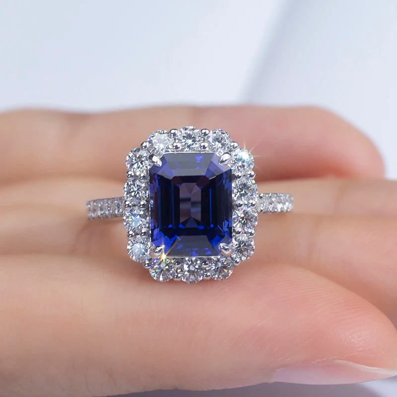 MSR-1394 925 Silver 9k 14K Gold Wedding Engagement Ring 8*10mm Emerald Cut Lab Grown Sapphire Ring