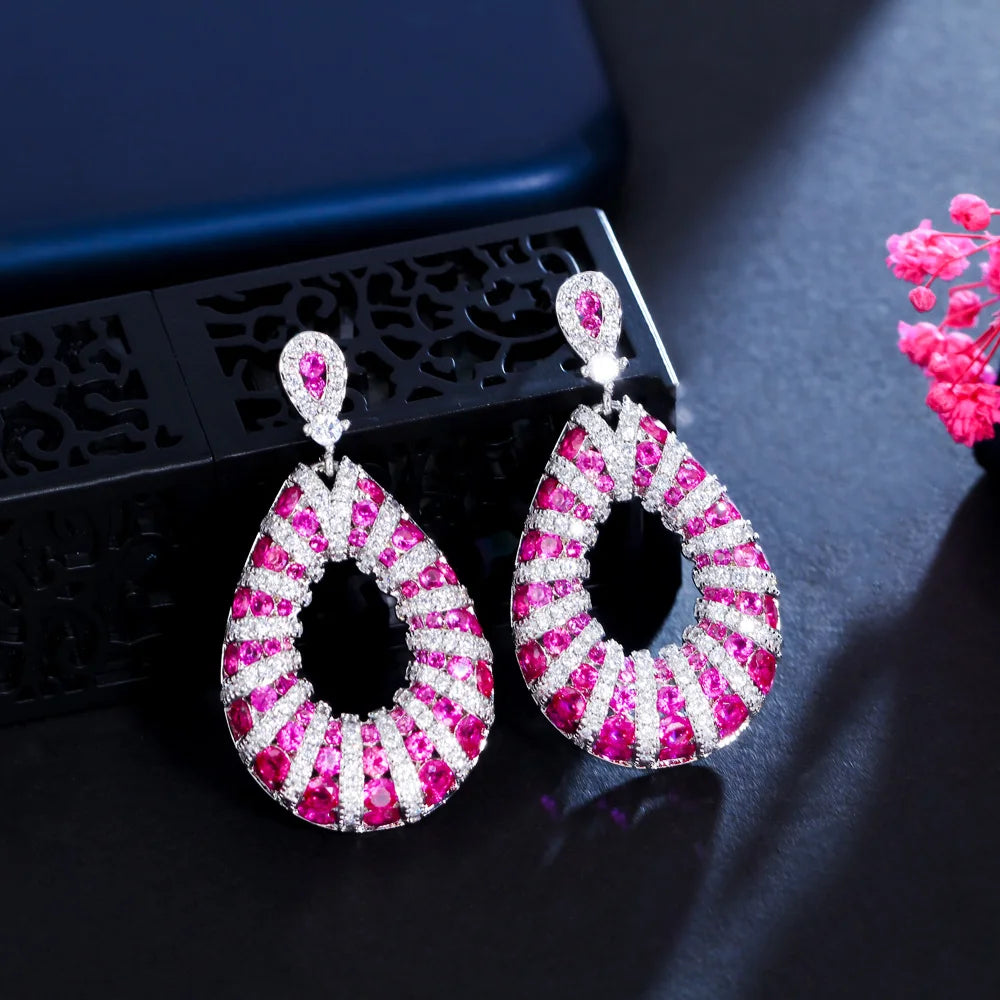 S&S Fuchsia Red Micro Pavé CZ Dangle Drop Earrings | Wedding Party | NewLife