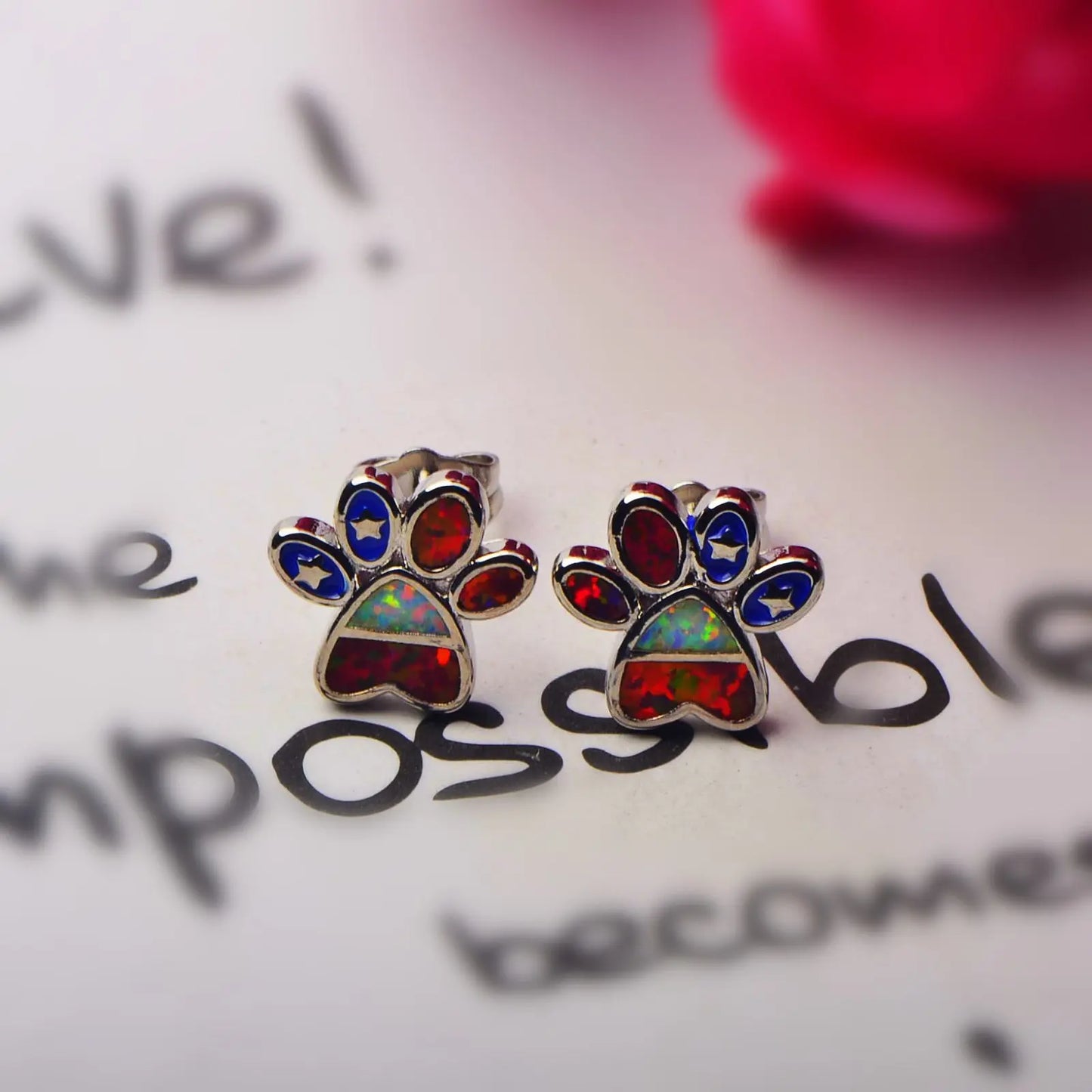 Layered Teardrop Opal Dog PAWS Earrings - Iridescent Opal Double-Drop Design | Elegant Daily Jewelry Bulk Gifts