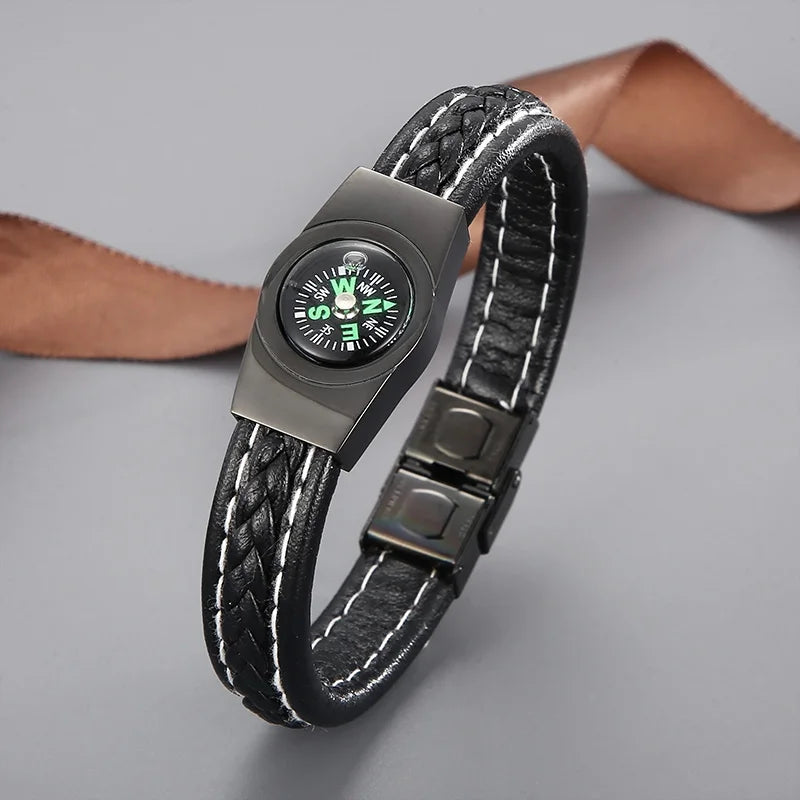 REBEL 210mm Unisex Trendy Ultrafiber Bracelet With Silver/Gold/Black Stainless Steel Compass
