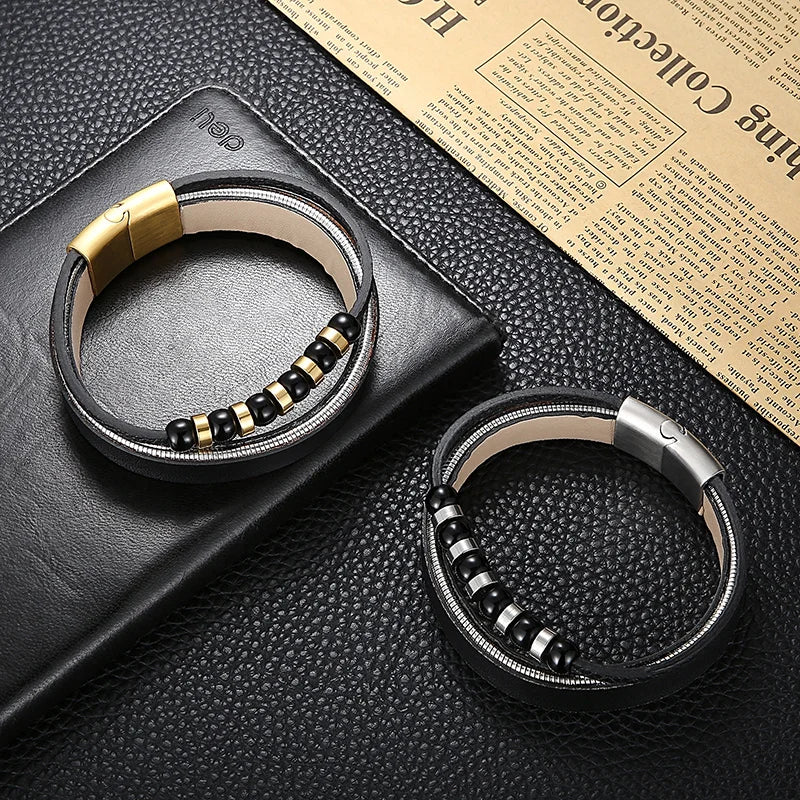 REBEL Mens Bracelets Stainless Steel Cowhide Fashion Jewelry Bead Bracelet Bangles