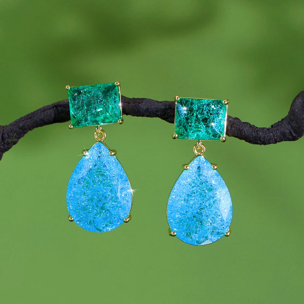 S&S Blue Ice Crack Water Drop CZ Dangle Earrings – Gold Plated – Collection