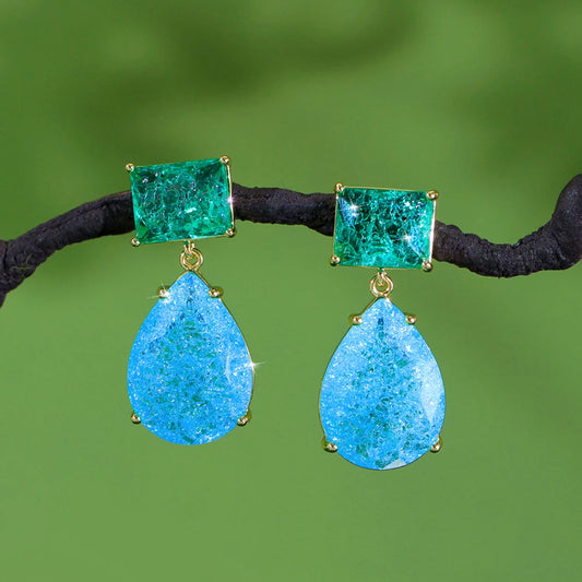 S&S Blue Ice Crack Water Drop CZ Dangle Earrings – Gold Plated – Collection