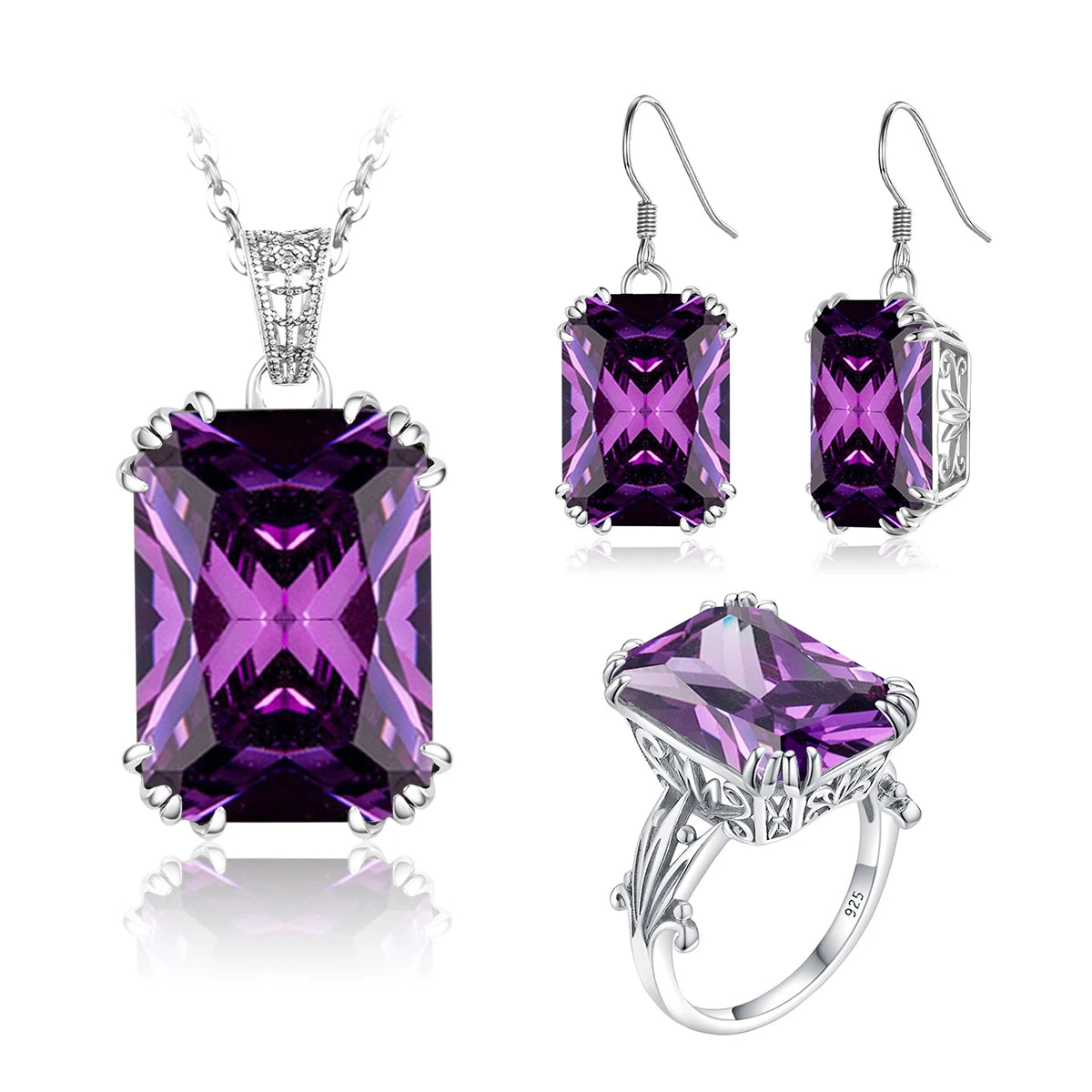 ArtistA Sapphire Blue Stone Zircon Crystal Sterling Silver Jewelry Sets for Women Retro Crown Ring Pendant Earring for Party Engagement
