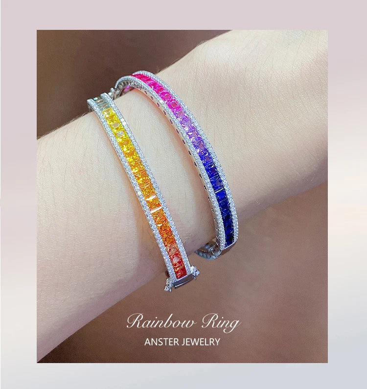 Gemfiori ANSTER Silver Bracelets 925 Sterling Women Colorful Rainbow CZ Corundum Bangle