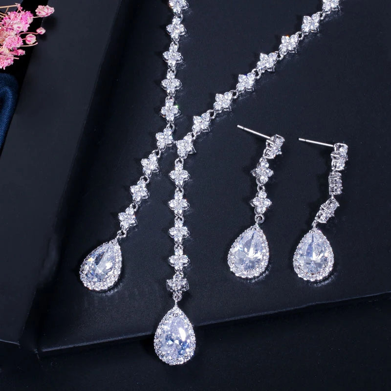 Fashion Mix Multicolor Cubic Zirconia Long Necklace and Earring Party Jewelry Set for Women Wedding Dress Accessories
