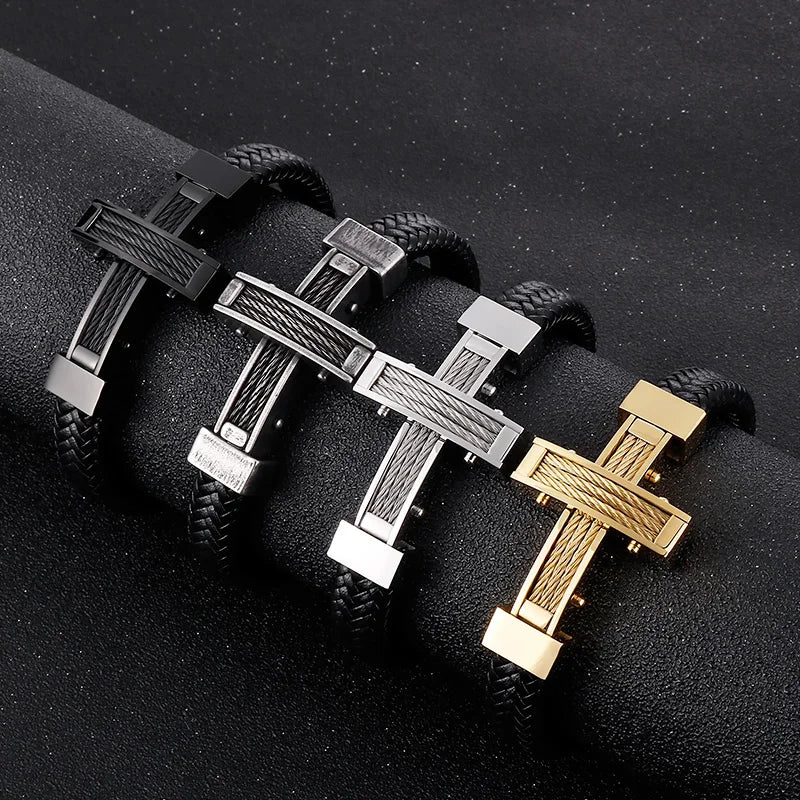 KALEN 215mm Trendy Silver/Gold/Black/Grey Cowhide Leather Bracelet With Stainless Steel Cross