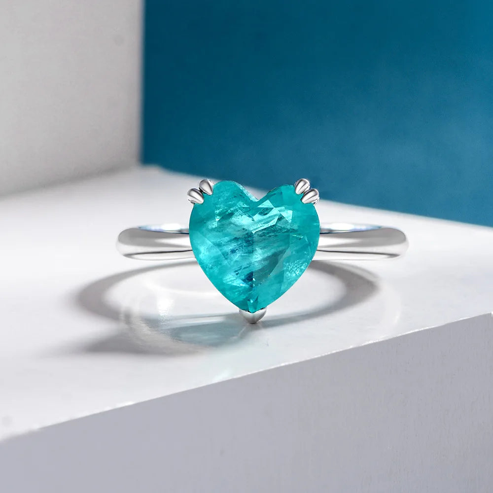 MuShan Jewelry Factory 925 Silver Synthetic Paraiba Ring Fashionable and Simple 4ct Heart Shaped 10*10 Ring for Women