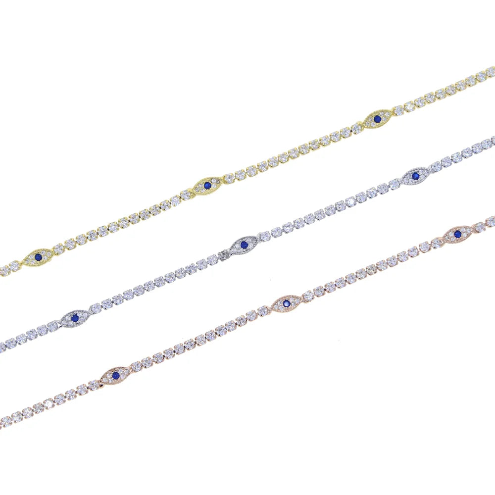 High Quality Summer Beach New Styles Paved Clear Blue CZ Evil-Eye Charm Foot Anklet 2mm Tennis Link Chain Jewelry for Women Girl