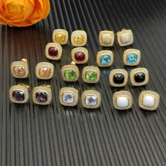 Gemfiori FASHIONISTA DY High-Quality Silver-Plated 7mm Square Diamond Stud Earrings. Gold-Plated 7mm Colored Gemstone Stud Earrings. Jewelry