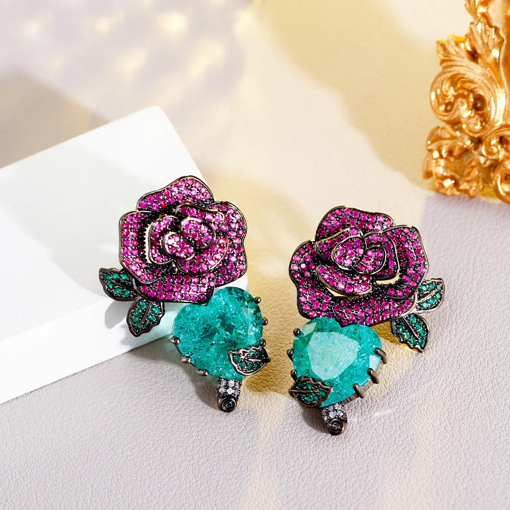S&S Red Rose & Green Leaf CZ Dangle Drop Earrings – Black Gun Plated – Collection