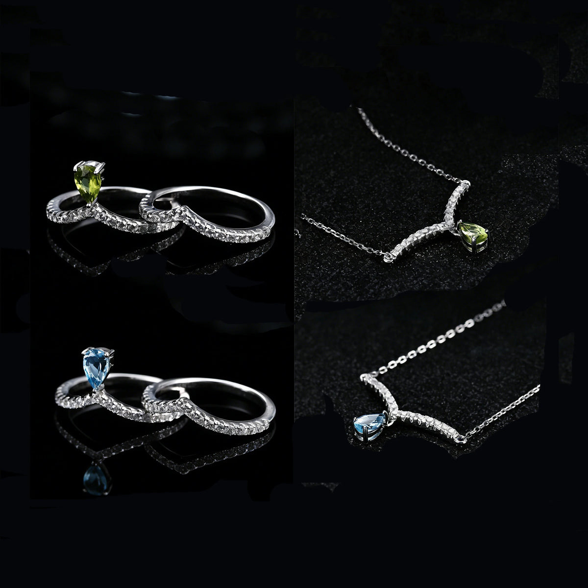 ArtistA C8141 Abiding Exquisite Natural Colored Gemstone Genuine Peridot Garnet Swiss Blue Topaz 925 Silver Rings Necklace Jewelry Set