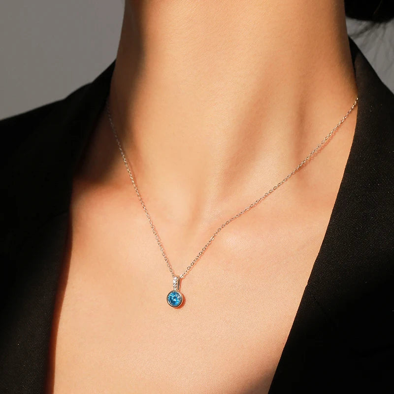 Ailmay 925 Sterling Silver Elegant Blue Zirconia Jewelry Set Luxury Necklace & Hoop Earrings For Women Romantic Wedding Jewelry