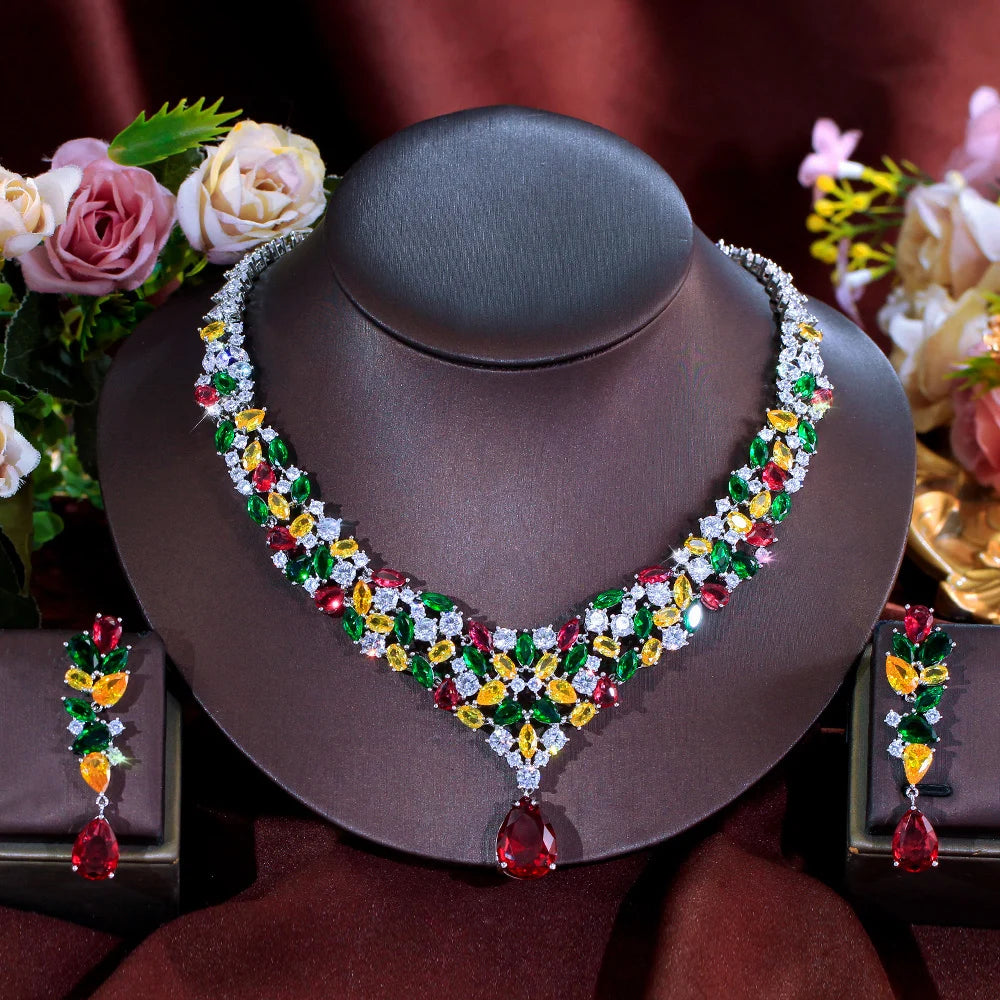 Colorful Nigerian Necklace Earrings Red Green Yellow White Zirconia Wedding Bridal Luxury Big Statement Jewelry Set for Women