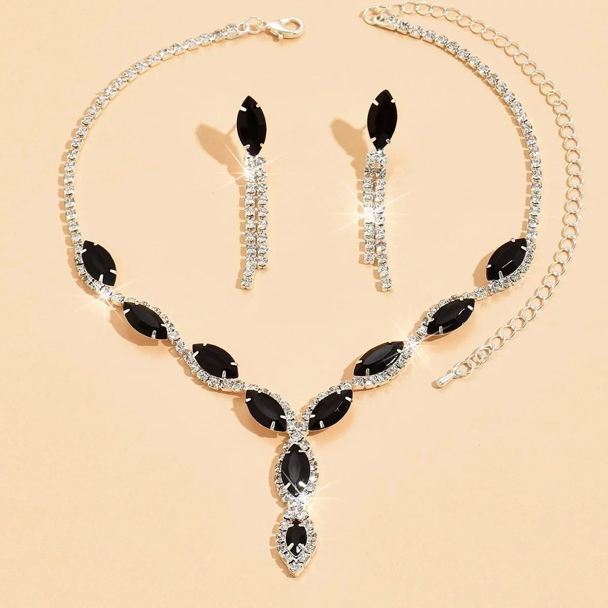 XM S375 Silver Plated Marquise Cut Zircon Floral Statement Necklace & Tassel Drop Earrings Set