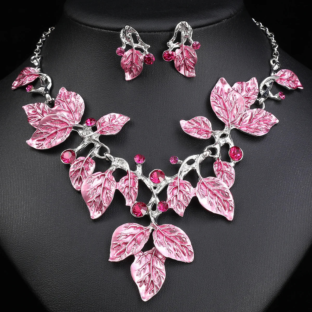 Painted Enamel Leaf Crystal Necklace & Earrings Jewellery Set | Colourful Botanical Fashion Set