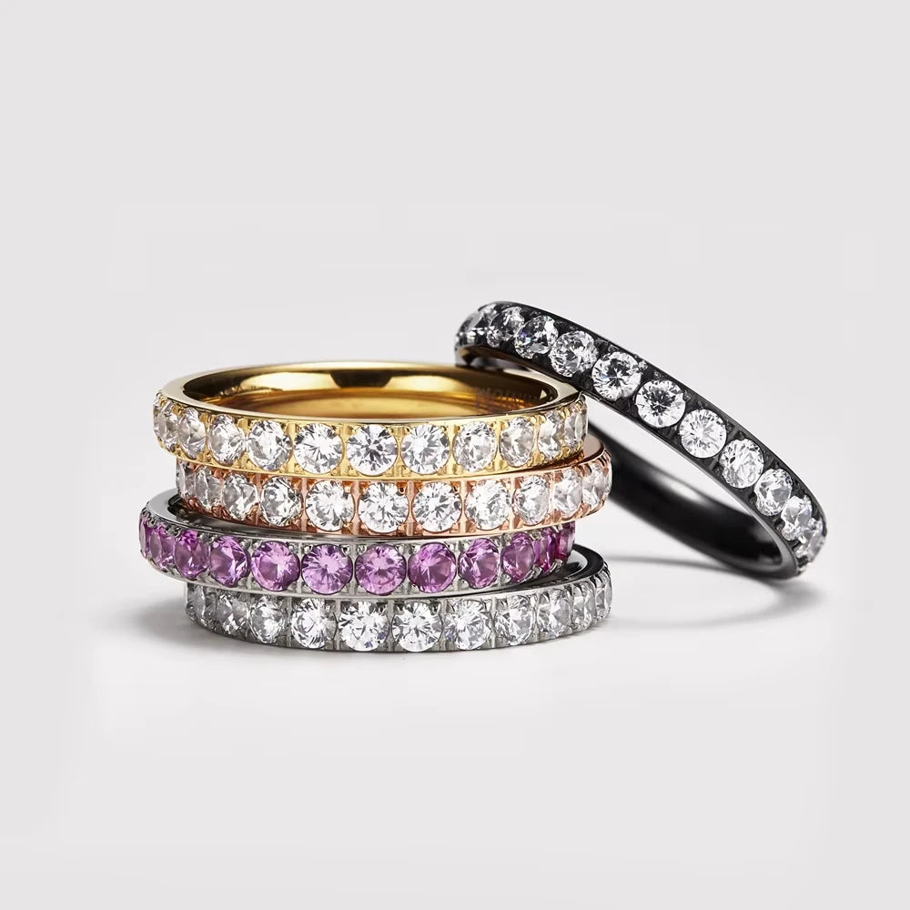 Colorful Classic Eternity Bands 3mm Titanium Silver Plated for Women Factory Price Stylish Cubic Zircon Wedding Rings Waterproof