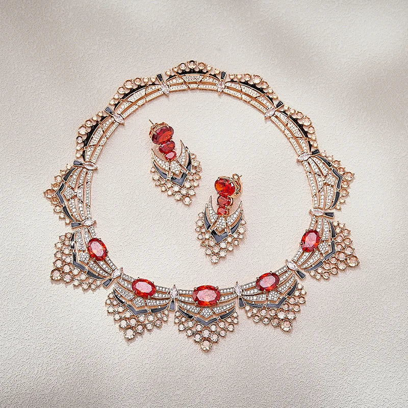 Pigeon Blood Red Enamel Zircon Necklace Earrings 2-piece Set Banquet Wedding  High Quality Jewelry India's Bestselling Gifts