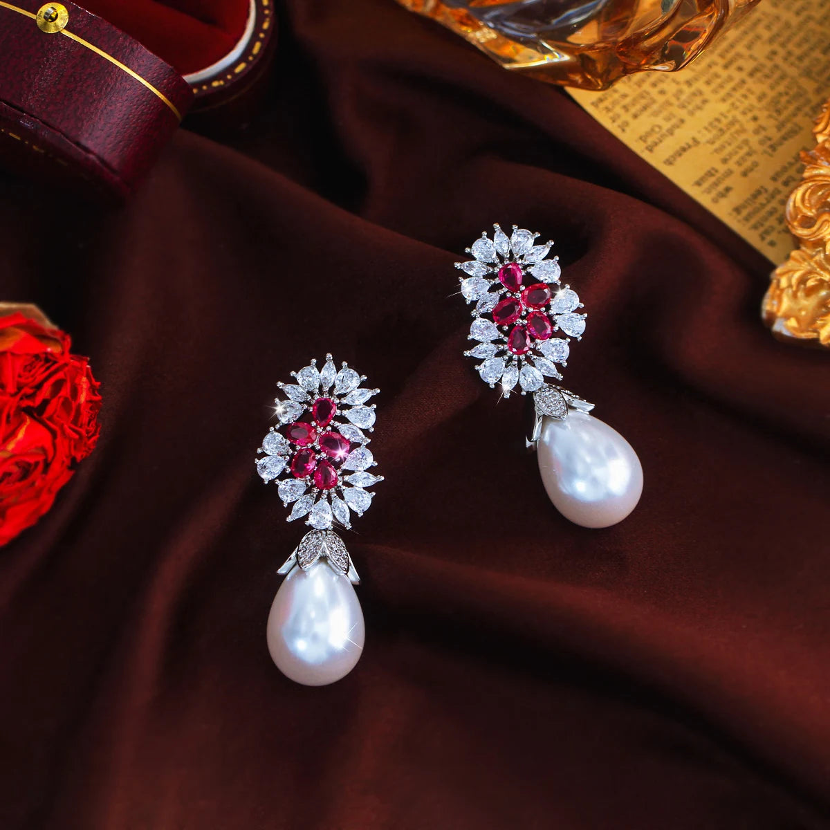 S&S Red CZ & Pearl Geometric Drop Earrings | Bridal Wedding Prom | NewLife