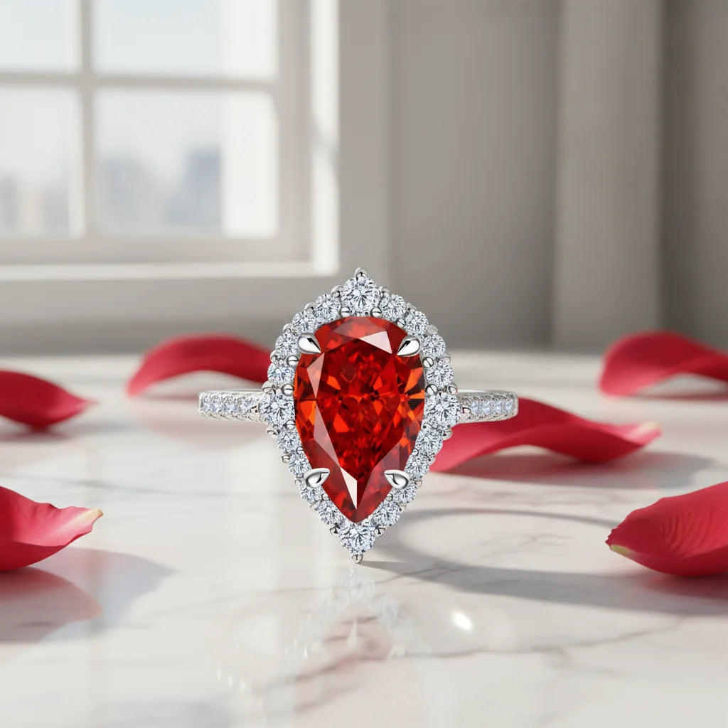 MuShan Jewelry Factory 925 Sterling Silver Rings for Women 7ct 8 * 12 Pear Shaped Red Synthetic High Carbon Diamond Jewelry