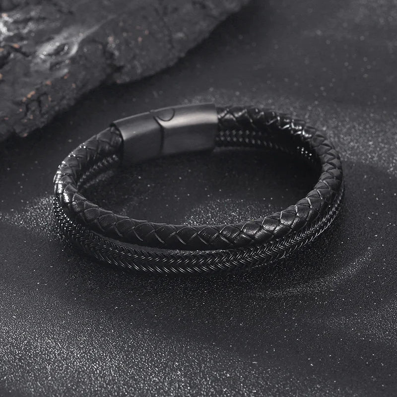 KALEN 12mm Width Men Mature Silver/Black Stainless Steel&Cowhide Leather Double Chain Bracelet