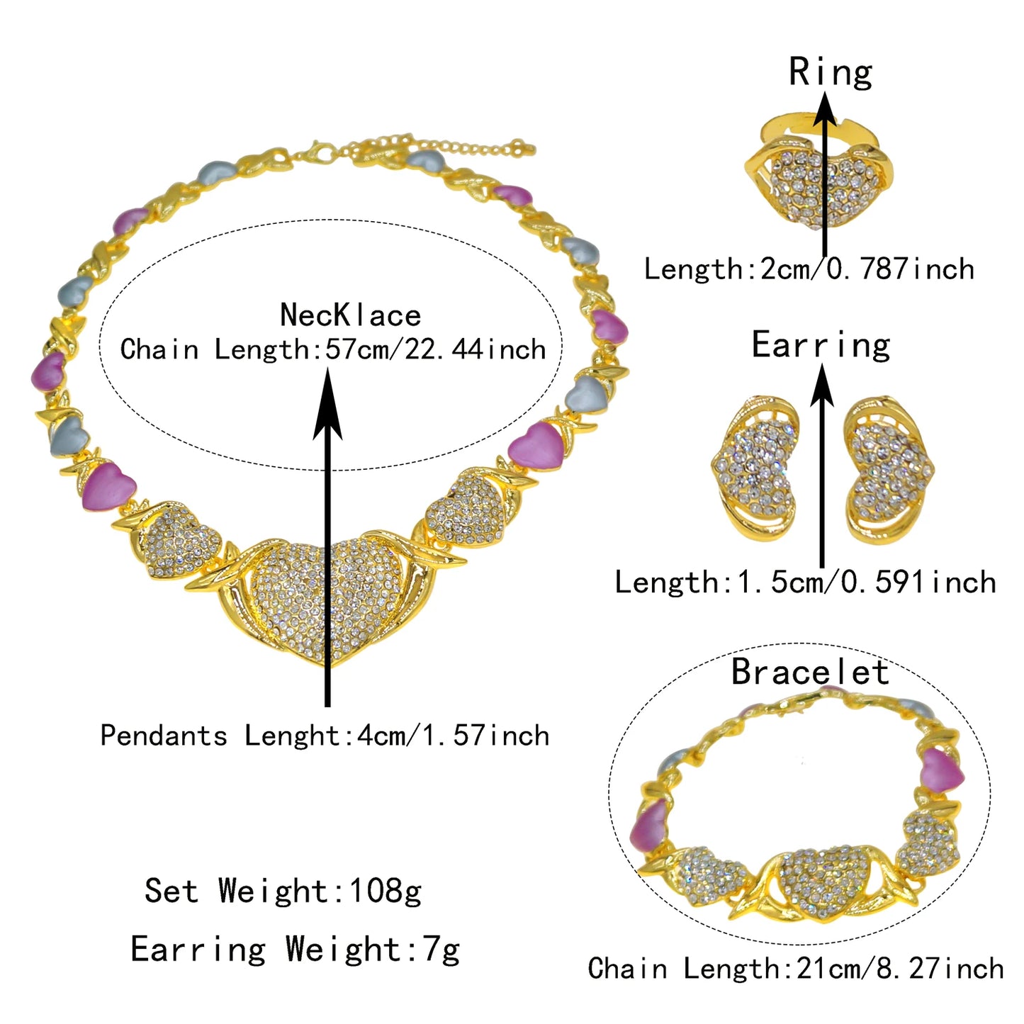 Zhuerrui Very Big Heart Crystal Xoxo I Love You Jewelry Sets Gold Plated Lovely Bridal Women Dubai Luxury Fine Jewelry Set X0213